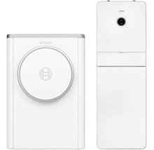 Bosch Wärmepumpen-Set bestehend aus weißer Außeneinheit und weißer Inneneinheit, Bosch Logo.