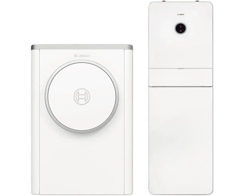 Bosch Wärmepumpen-Set bestehend aus weißer Außeneinheit und weißer Inneneinheit, Bosch Logo.