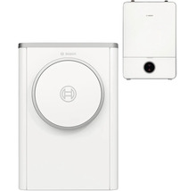 Weiße Bosch Gas-Brennwerttherme mit runder Frontblende, Display und Bosch Logo.