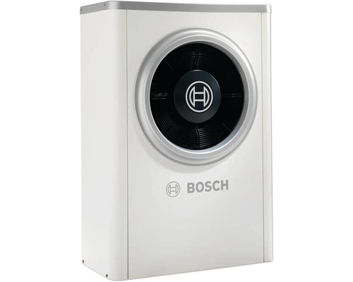 Bosch Luft-Wasser-Wärmepumpe Außeneinheit mit Ventilator und Bosch Logo.