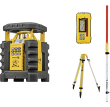 Stabila Rotationslaser Set mit Empfänger, Stativ und Nivellierlatte für präzise Messungen auf der Baustelle.