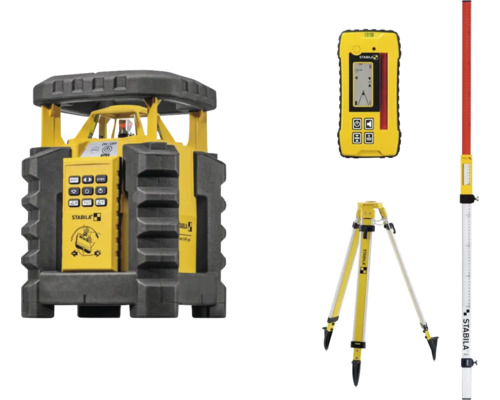 Stabila Rotationslaser Set mit Empfänger, Stativ und Nivellierlatte für präzise Messungen auf der Baustelle.