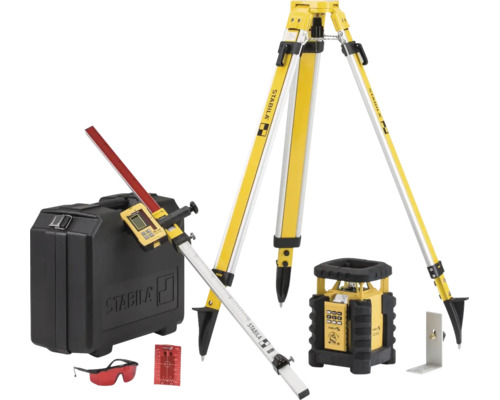 Stabila Rotationslaser-Set mit Stativ, Nivellierlatte, Empfänger, Lasersichtbrille und Koffer.