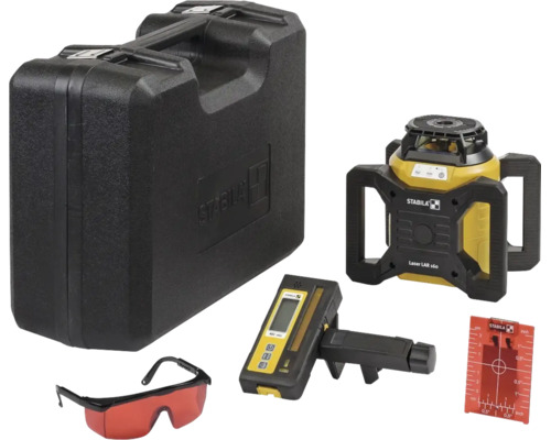 Stabila Rotationslaser-Set LAR 160 mit Empfänger, Zielplatte, Laserbrille und robustem Transportkoffer.