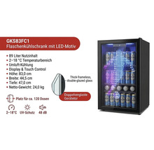 Flaschenkühlschrank GKS83FC1 mit LED-Motiv, 89 Liter Nutzinhalt für circa 120 Dosen, doppelverglaste Tür, Temperaturbereich 2 bis 18 Grad Celsius.