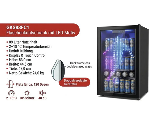 Flaschenkühlschrank GKS83FC1 mit LED-Motiv, 89 Liter Nutzinhalt für circa 120 Dosen, doppelverglaste Tür, Temperaturbereich 2 bis 18 Grad Celsius.