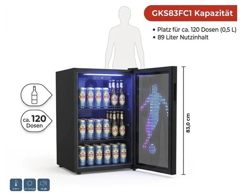 Getränkekühlschrank mit 89 Litern Kapazität, Platz für circa 120 Dosen, Glastür mit LED-Fußballer-Motiv, Höhe 83 Zentimeter, 2 bis 18 Grad Celsius.