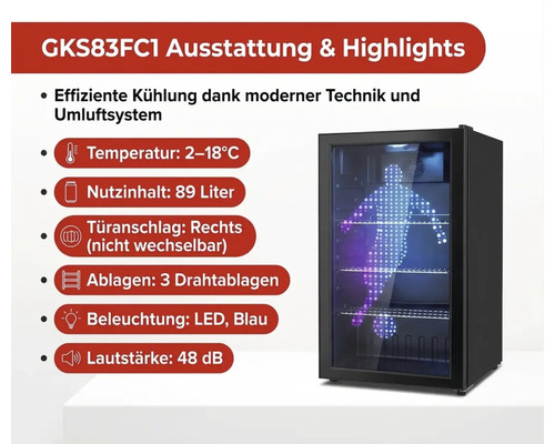 Getränkekühlschrank GKS83FC1 mit 89 Liter Volumen, blauer LED-Beleuchtung, drei Drahtablagen und Temperaturbereich von 2 bis 18 Grad Celsius.