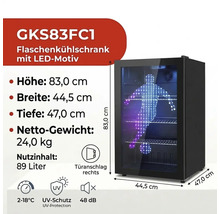 Flaschenkühlschrank GKS83FC1 mit LED-Fußballermotiv, 89 Liter, Höhe 83 Zentimeter, Breite 44,5 Zentimeter, UV-Schutz, 2 bis 18 Grad Celsius.