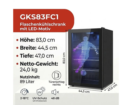 Flaschenkühlschrank GKS83FC1 mit LED-Fußballermotiv, 89 Liter, Höhe 83 Zentimeter, Breite 44,5 Zentimeter, UV-Schutz, 2 bis 18 Grad Celsius.