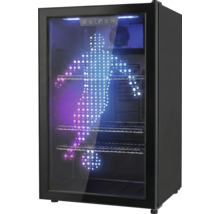 Schwarzer Getränkekühlschrank mit Glastür, leuchtendem Fußballer-Motiv, drei Gitterböden und digitaler Temperaturanzeige.