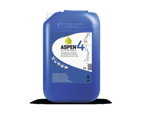 Blauer 25 Liter Kanister mit Aspen 4 Alkylatbenzin für Viertaktmotoren.