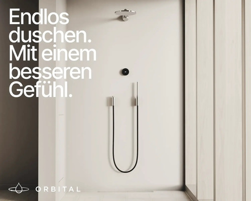 Modernes Duschsystem mit Regenduschkopf, digitaler Anzeige und Handbrause in einem hellen Badezimmer. Orbital Logo.