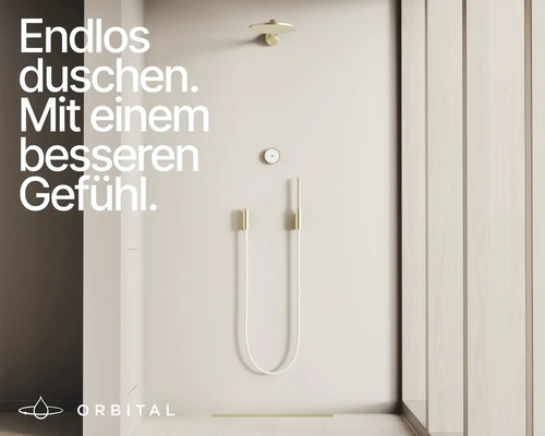 Minimalistisches Orbital Duschsystem mit Regendusche, digitaler Steuerung und Handbrause in einem modernen Badezimmer.