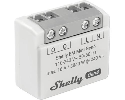 Shelly EM Mini Gen4 Energiemessgerät für Smart Home, maximal 16 Ampere, kompakte Bauform mit Schraubklemmen.