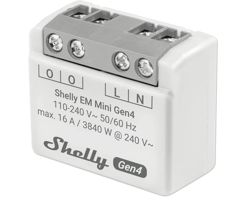 Shelly EM Mini Gen4 WLAN-Energiemessgerät mit Schraubklemmen für 110 bis 240 Volt und maximal 16 Ampere.