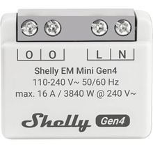 Shelly EM Mini Gen4 Smart Home Energiemesser mit Schraubklemmen, Shelly Logo, 110 bis 240 Volt, 50 bis 60 Hertz, maximal 16 Ampere und 3840 Watt.