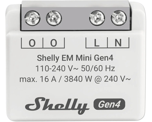 Shelly EM Mini Gen4 Smart Home Energiemesser mit Schraubklemmen, Shelly Logo, 110 bis 240 Volt, 50 bis 60 Hertz, maximal 16 Ampere und 3840 Watt.