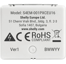 Rückansicht eines Shelly Smart Home Moduls Modell S4EM-001PXCEU16 mit CE Kennzeichnung, RoHS Konformität und Warnung vor elektrischer Spannung.