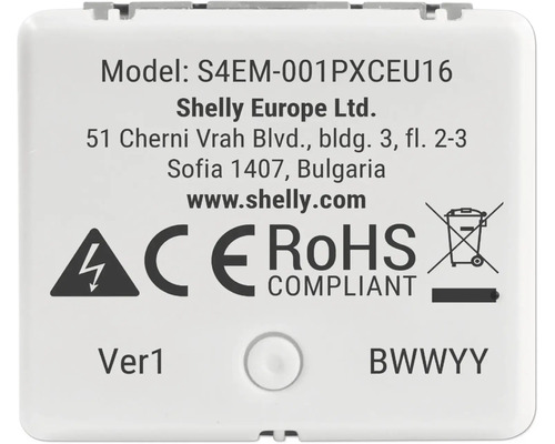 Rückansicht eines Shelly Smart Home Moduls Modell S4EM-001PXCEU16 mit CE Kennzeichnung, RoHS Konformität und Warnung vor elektrischer Spannung.