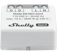 Weißes Shelly EM Mini Gen4 Energiemessgerät für Unterputzmontage, 110 bis 240 Volt, maximal 16 Ampere, Shelly Logo.