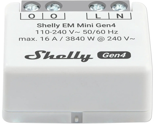 Weißes Shelly EM Mini Gen4 Energiemessgerät für Unterputzmontage, 110 bis 240 Volt, maximal 16 Ampere, Shelly Logo.
