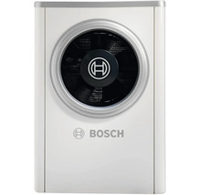 Bosch Luft-Wasser-Wärmepumpe Außeneinheit mit rundem Ventilator und Bosch Logo.