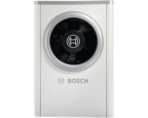 Bosch Luft-Wasser-Wärmepumpe Außeneinheit mit rundem Ventilator und Bosch Logo.