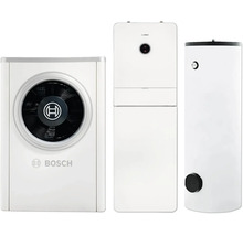 Bosch Wärmepumpen-Set bestehend aus Außeneinheit, Inneneinheit und Warmwasserspeicher in Weiß mit Bosch Logo.