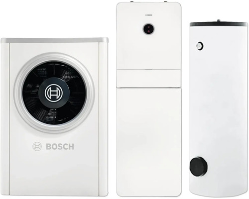 Bosch Wärmepumpen-Set bestehend aus Außeneinheit, Inneneinheit und Warmwasserspeicher in Weiß mit Bosch Logo.