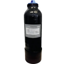 Schwarze Gasflasche mit blauem Tragegriff und technischem Etikett.