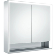 Zweitüriger Spiegelschrank für das Badezimmer mit integrierter LED-Beleuchtung und offener Ablage.