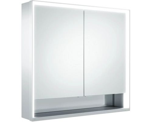 Zweitüriger Spiegelschrank für das Badezimmer mit integrierter LED-Beleuchtung und offener Ablage.