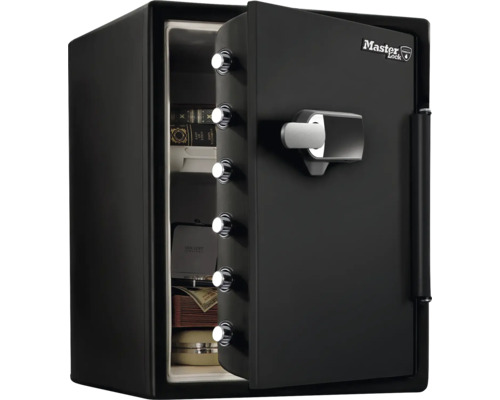 Schwarzer Master Lock Tresor, offene Tür, sechs Verriegelungsbolzen, digitales Schloss. Innenraum mit Wertsachen. Master Lock Logo.