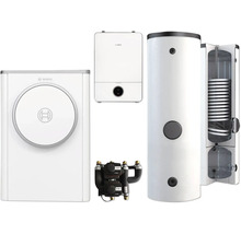 Bosch Wärmepumpen-Set bestehend aus Außeneinheit, Inneneinheit, Warmwasserspeicher mit Heizschlange und einer Pumpengruppe.