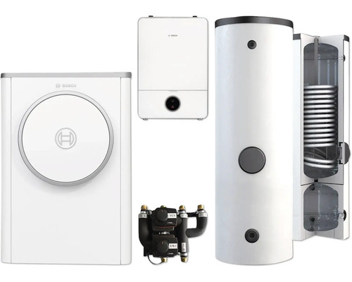 Bosch Wärmepumpen-Set bestehend aus Außeneinheit, Inneneinheit, Warmwasserspeicher mit Heizschlange und einer Pumpengruppe.