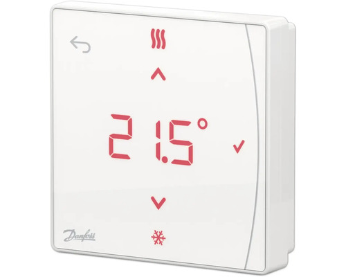 Digitaler Danfoss Raumthermostat mit Anzeige von 21.5 Grad, Symbolen für Heizen und Kühlen sowie Danfoss Logo.