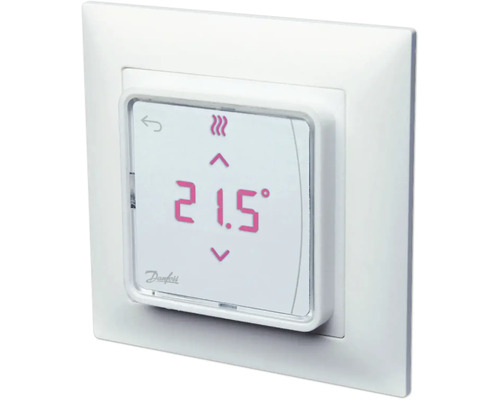 Digitaler Raumthermostat von Danfoss mit Touchscreen Anzeige von 21,5 Grad Celsius und Heizsymbol