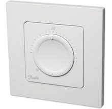 Weißer Danfoss Raumthermostat mit manuellem Drehregler, Temperaturskala, Frostschutzsymbol und Danfoss Logo.