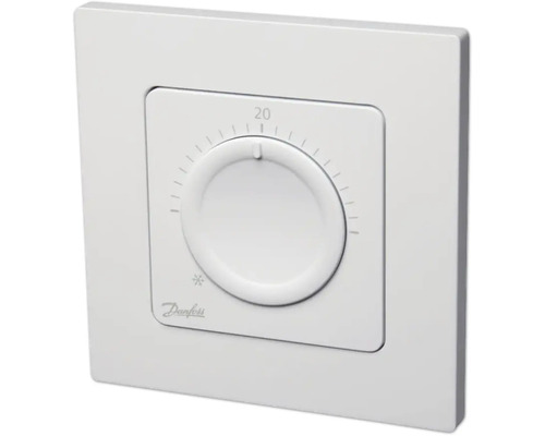 Weißer Danfoss Raumthermostat mit manuellem Drehregler, Temperaturskala, Frostschutzsymbol und Danfoss Logo.