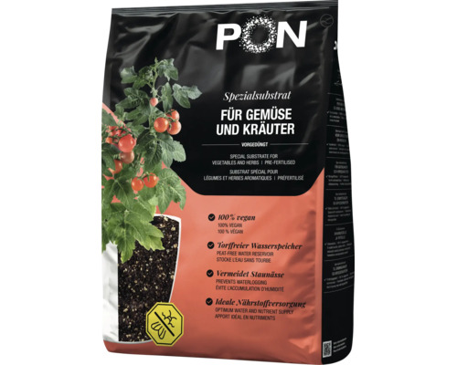 Packung Lechuza PON Spezialsubstrat für Gemüse und Kräuter, vorgedüngt, torffrei und vegan, verhindert Staunässe, Abbildung einer Tomatenpflanze.