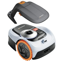 Segway Navimow i-Serie Mähroboter mit passender Garagenabdeckung in Weiß und Schwarz mit orangefarbenen Rädern.