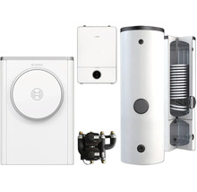 Bosch Wärmepumpen-Set bestehend aus Außeneinheit, Inneneinheit, Warmwasserspeicher mit Querschnittsansicht und Pumpengruppe.