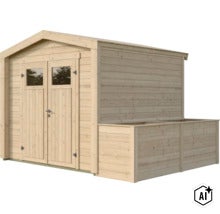 Gartenhaus aus Holz mit Doppeltür und integriertem Anbau zur Lagerung (Image AI modified or generated)