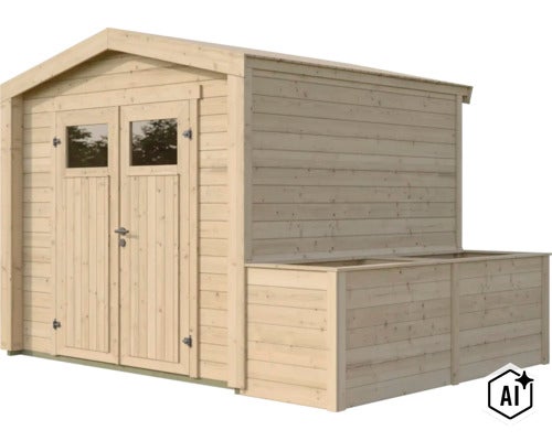 Gartenhaus aus Holz mit Doppeltür und integriertem Anbau zur Lagerung (Image AI modified or generated)