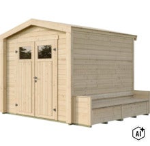 Gartenhaus aus Holz mit Doppeltür und integrierter Sitzbank im Außenbereich als Geräteschuppen für den Garten. (Image AI modified or generated)
