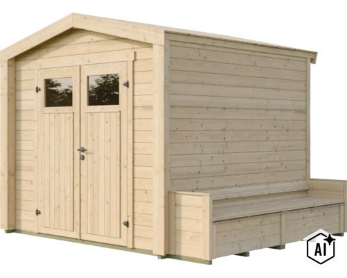 Gartenhaus aus Holz mit Doppeltür und integrierter Sitzbank im Außenbereich als Geräteschuppen für den Garten. (Image AI modified or generated)