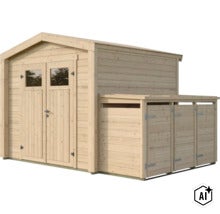 Gartenhaus aus Holz mit Doppeltür und integriertem seitlichem Anbau für Lagerplatz. (Image AI modified or generated)