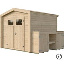 Gartenhaus aus Holz mit Doppeltür und angebautem seitlichem Schrankelement für zusätzlichen Stauraum im Garten. (Image AI modified or generated)