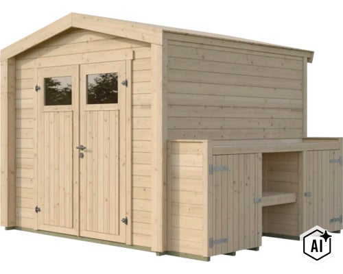 Gartenhaus aus Holz mit Doppeltür und angebautem seitlichem Schrankelement für zusätzlichen Stauraum im Garten. (Image AI modified or generated)